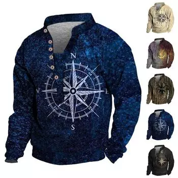 Мужской свитер с v-образным вырезом и воротником-стойкой с 3D цифровой печатью и винтажным воротником на 6 пуговицах L чёрный