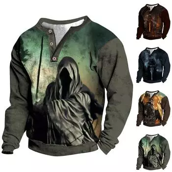 Мужской свитер с v-образным вырезом и воротником-стойкой с 3D цифровой печатью и винтажным воротником на 3 пуговицах XL синий