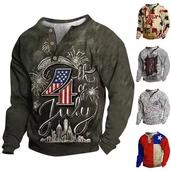 Мужской свитер с v-образным вырезом и воротником-стойкой с 3D цифровой печатью и винтажным воротником на 3 пуговицах M