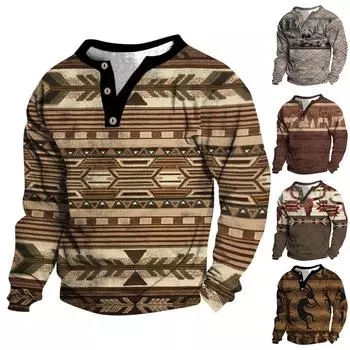 Мужской свитер с v-образным вырезом и воротником-стойкой с 3D цифровой печатью и винтажным воротником на 3 пуговицах L коричневый