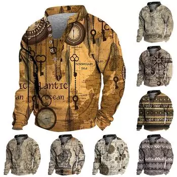 Мужской свитер с v-образным вырезом и воротником-стойкой с 3D цифровой печатью и винтажным воротником на 6 пуговицах L чёрный