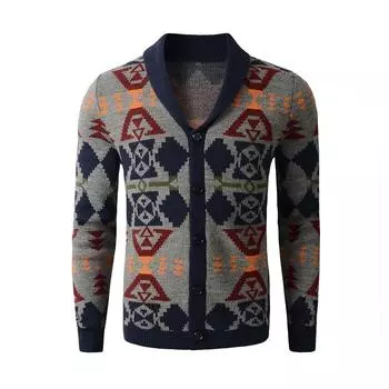 Мужской свитер с V-образным вырезом и шалью. Темно-синий свитер-кардиган на разноцветных пуговицах. S темно-синий