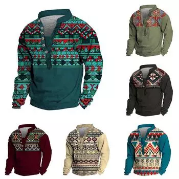 Мужской свитер с v-образным вырезом и воротником-стойкой с 3D цифровой печатью и винтажным воротником на 6 пуговицах XL чёрный