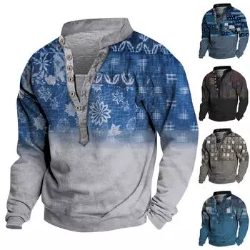 Мужской свитер с v-образным вырезом и воротником-стойкой с 3D цифровой печатью и винтажным воротником на 6 пуговицах XXXL чёрный