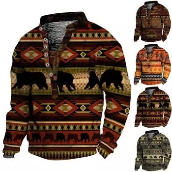 Мужской свитер с v-образным вырезом и воротником-стойкой с 3D цифровой печатью и винтажным воротником на 6 пуговицах XXL коричневый