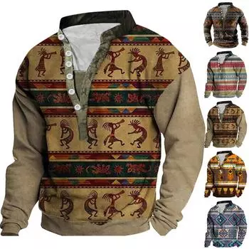 Мужской свитер с v-образным вырезом и воротником-стойкой с 3D цифровой печатью и винтажным воротником на 6 пуговицах XXXL золотой