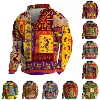 Мужской свитер с v-образным вырезом и воротником-стойкой с 3D цифровой печатью и винтажным воротником на 6 пуговицах L чёрный