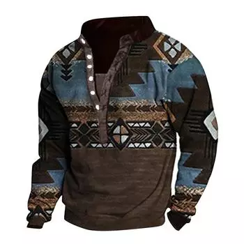 Мужской свитер с v-образным вырезом и воротником-стойкой с 3D цифровой печатью и винтажным воротником на 6 пуговицах M шампанского