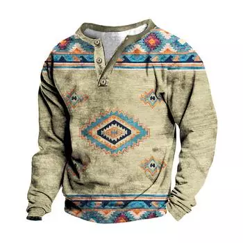 Мужской свитер с v-образным вырезом и воротником-стойкой с 3D цифровой печатью и винтажным воротником на 3 пуговицах XL жёлтый