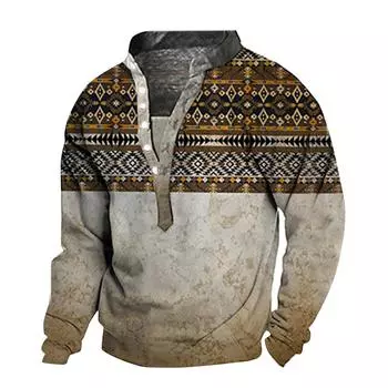 Мужской свитер с v-образным вырезом и воротником-стойкой с 3D цифровой печатью и винтажным воротником на 6 пуговицах L бежевый