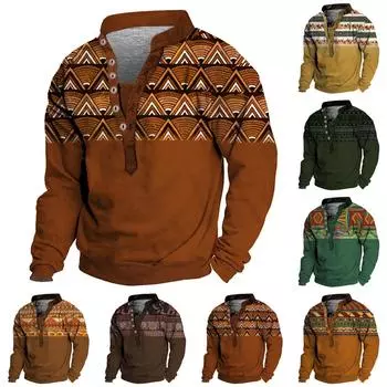 Мужской свитер с v-образным вырезом и воротником-стойкой с 3D цифровой печатью и винтажным воротником на 6 пуговицах L коричневый