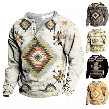 Мужской свитер с v-образным вырезом и воротником-стойкой с 3D цифровой печатью и винтажным воротником на 3 пуговицах XXXL бежевый