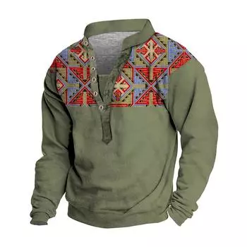 Мужской свитер с v-образным вырезом и воротником-стойкой с 3D цифровой печатью и винтажным воротником на 6 пуговицах S чёрный