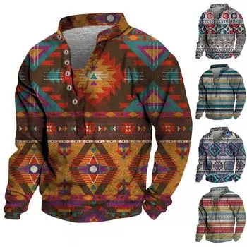 Мужской свитер с v-образным вырезом и воротником-стойкой с 3D цифровой печатью и винтажным воротником на 6 пуговицах L серый