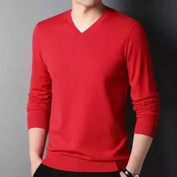 Мужской свитер с V-образным вырезом из 100% чистой шерсти — легкий, всесезонный трикотажный топ 185/100A красный