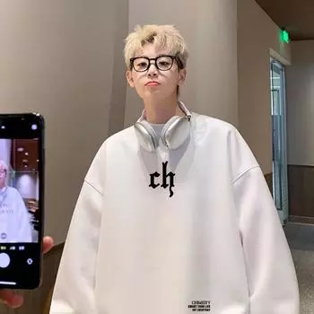 Мужской свитер Весенне-осенний тренд Тяжелый вес Молодежный Со спущенными плечами Рукава Свободный Гонконгский стиль Ретро Принтованный Круглый вырез Куртка S