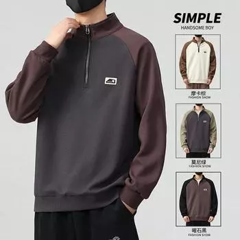 Мужской свитер весна и осень американский тяжелый тренд круглый вырез подростковый красивый полумолния ретро повседневный топ мужчины M