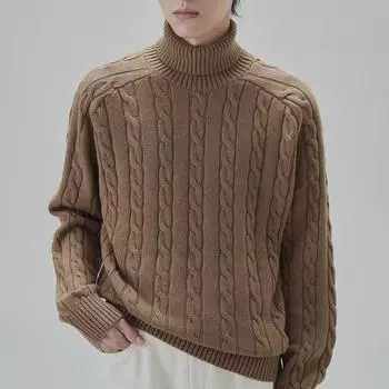 Мужской свитер-водолазка из плотной смешанной ткани с переплетенными нитями - Осень/Зима, свободный крой с плечами-седлами 3XL коричневый