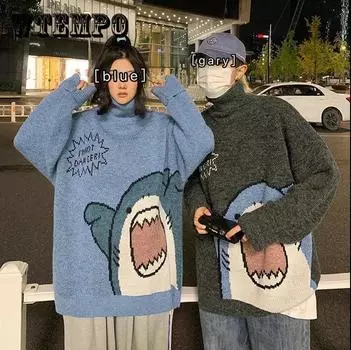 Мужской свитер, водолазка, женская теплая нижняя рубашка плюс толстый вязаный свитер, костюм для пары, подходит для молодых 2XL синий