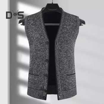 Мужской свитер-жилет с V-образным вырезом, однобортный, без рукавов, на пуговицах, с карманами, эластичный, плотный, однотонный, трикотажный верх, свитер, пальто M синий