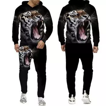 Мужской свитшот с 3D принтом «Тигр», комплект с капюшоном, спортивный костюм «Лев», пуловер, брюки, спортивная одежда, осенне-зимний мужской костюм S