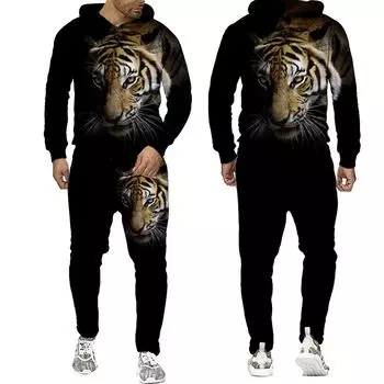 Мужской свитшот с 3D принтом «Тигр», комплект с капюшоном, спортивный костюм «Лев», пуловер, брюки, спортивная одежда, осенне-зимний мужской костюм S