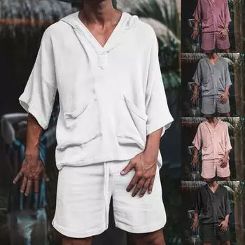 Мужской свободный костюм для отдыха из хлопка и льна, мужская спортивная одежда для отдыха L чёрный