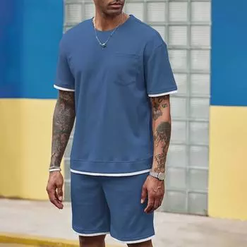Мужской свободный повседневный комплект из хлопка и льна с лацканами, летний повседневный удобный топ с короткими рукавами и шорты XL