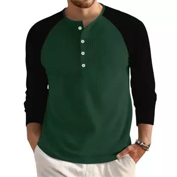 Мужской свободный повседневный топ с длинным рукавом и воротником на пуговицах L темно-зеленого