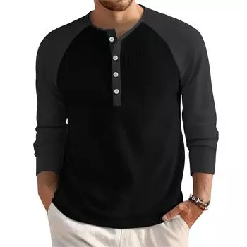 Мужской свободный повседневный топ с длинным рукавом и воротником на пуговицах L чёрный