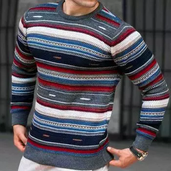 Мужской свободный свитер с круглым вырезом и длинным рукавом в красочную полоску, повседневный нижний свитер XL