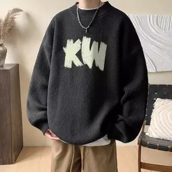 Мужской свободный вязаный свитер, зимний теплый пуловер с круглым вырезом, одежда большого размера, джемпер с буквенным узором M белый