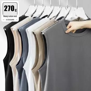 Мужской свободный жилет без рукавов 270 г плотный чистый хлопок - однотонный, непрозрачный летний спортивный жилет для фитнеса