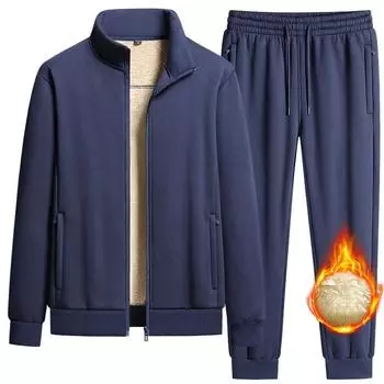 Мужской теплый комплект из двух предметов, кашемировая мужская куртка с воротником-стойкой + брюки, мужской зимний спортивный костюм из плотного бархата, повседневный комплект из овечьей шерсти L