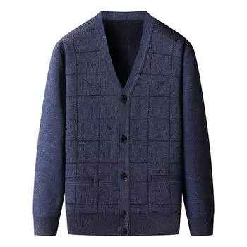 Мужской теплый пожилой плюс бархатный толстый свитер кардиган свитер куртка свободный большой размер M синий