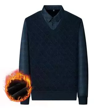 Мужской теплый свитер с лацканами из искусственной овечьей шерсти, состоящий из двух частей, для людей среднего и пожилого возраста, плюс бархат, утолщенные полосы, повседневный M