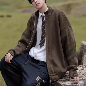 Мужской теплый вязаный свитер на молнии, осенне-зимний кардиган, однотонный джемпер M фиолетовый