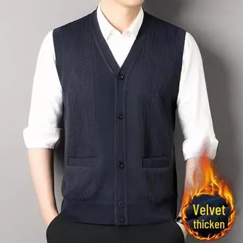 Мужской теплый вязаный жилет без рукавов из плотного бархата для людей среднего и старшего возраста