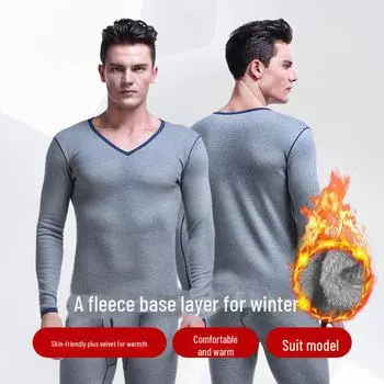 Мужской термокостюм из хлопка с глубоким вырезом и V-образным вырезом: Свитер и брюки на бархатной подкладке для осени/зимы XL