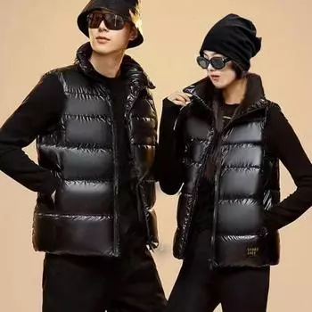 Мужской терможилет, пальто с воротником-стойкой, без рукавов, застежка-молния, жилет с карманами, дизайн с золотым принтом в виде букв L чёрный