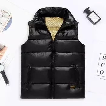 Мужской терможилет, пальто с воротником-стойкой, без рукавов, застежка-молния, жилет с карманами, дизайн с золотым принтом букв M чёрный