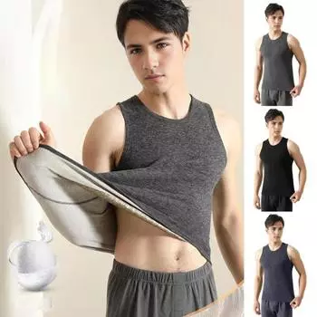 Мужской терможилет с круглым вырезом без рукавов, облегающий пуловер, утолщенная плюшевая подкладка, нижняя часть, майка 3XL чёрный