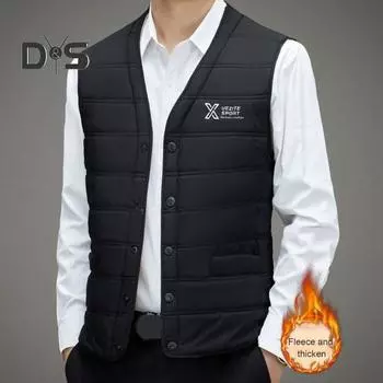 Мужской терможилет с V-образным вырезом, без рукавов, на бархатной подкладке, хлопковый жилет с карманами, однотонный, однобортный, ветрозащитный, теплый, с низом, жилет, куртка L чёрный