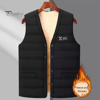 Мужской терможилет с V-образным вырезом, без рукавов, на бархатной подкладке, хлопковый жилет с карманами, однотонный, однобортный, ветрозащитный, теплый, с низом, жилет, куртка L темно-синий