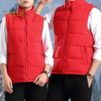Мужской терможилет с воротником-стойкой, без рукавов, однотонный хлопковый жилет с карманами, застежкой-молнией, ветрозащитный теплый жилет, куртка M красный