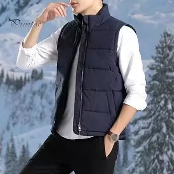 Мужской терможилет с воротником-стойкой, без рукавов, однотонный хлопковый жилет с карманами, застежкой-молнией, ветрозащитный теплый жилет, куртка M темно-синий