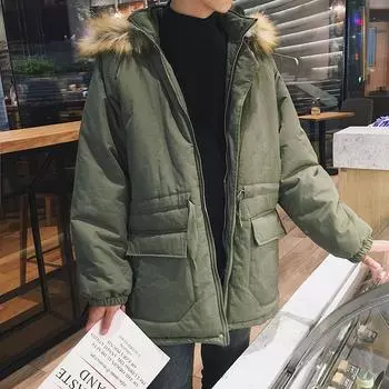 Men S Thick Hooded Cotton Detachable Fur Collar Cotton Warm Jacket M чёрный