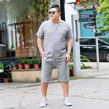 Мужской толстый костюм больших размеров из хлопка и льна с короткими рукавами, брючный костюм, льняная футболка Fat Man, тонкий тонкий костюм из двух предметов 2XL