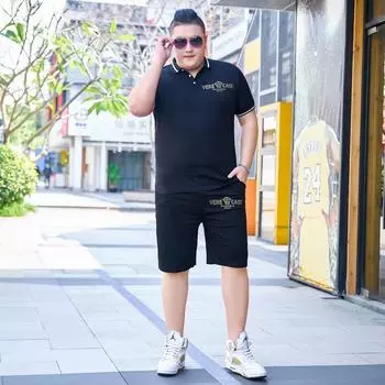 Мужской толстый мужчина больших размеров, летний повседневный спортивный костюм больших размеров для бега, летняя футболка с короткими рукавами, спортивные штаны, комплект из двух предметов 2XL чёрный