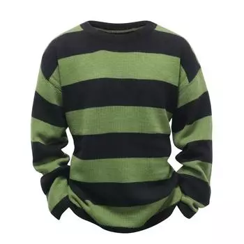 Мужской тонкий пуловер на весну и осень, вязаный свитер в полоску со свободными плечами M зелёный